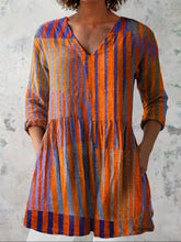 Women's Vintage Colorblock Striped Art Print Casual Linen V-neck Shirt